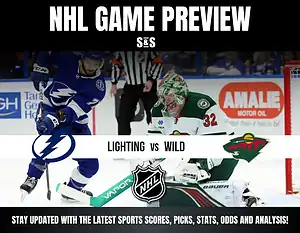 NHL game preview featuring a match between the Lightning and Wild, with a player from the Lightning skating towards the goal and the Wild's goalie ready to defend.