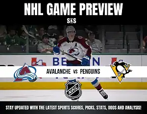 NHL Game Preview featuring Avalanche vs Penguins, with text encouraging updates on sports scores, picks, stats, odds, and analysis.