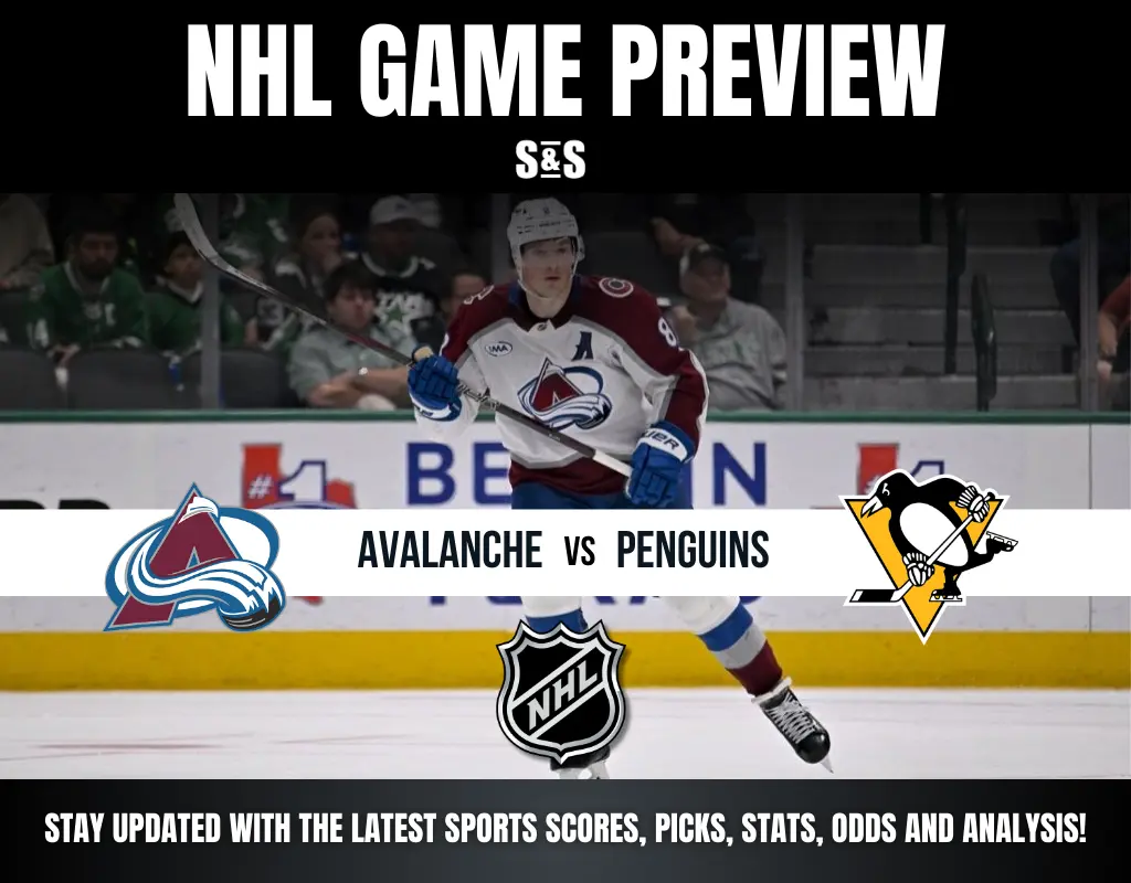 NHL Game Preview featuring Avalanche vs Penguins, with text encouraging updates on sports scores, picks, stats, odds, and analysis.