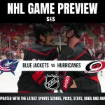 NHL game preview graphic featuring a matchup between the Blue Jackets and Hurricanes, including the NHL logo and a message to stay updated with sports scores, picks, stats, odds, and analysis.