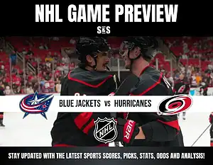 NHL game preview graphic featuring a matchup between the Blue Jackets and Hurricanes, including the NHL logo and a message to stay updated with sports scores, picks, stats, odds, and analysis.