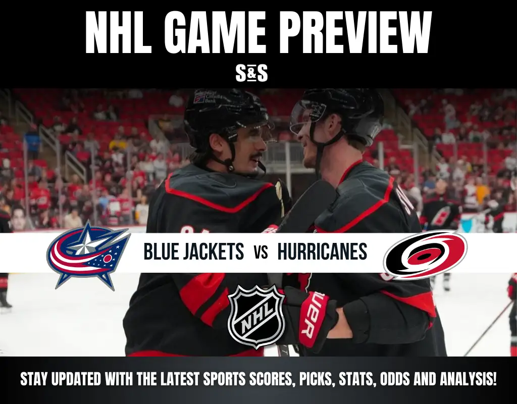 NHL game preview graphic featuring a matchup between the Blue Jackets and Hurricanes, including the NHL logo and a message to stay updated with sports scores, picks, stats, odds, and analysis.