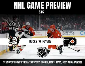 NHL game preview graphic featuring a matchup between the Ducks and Flyers, with images of players in action on the ice.