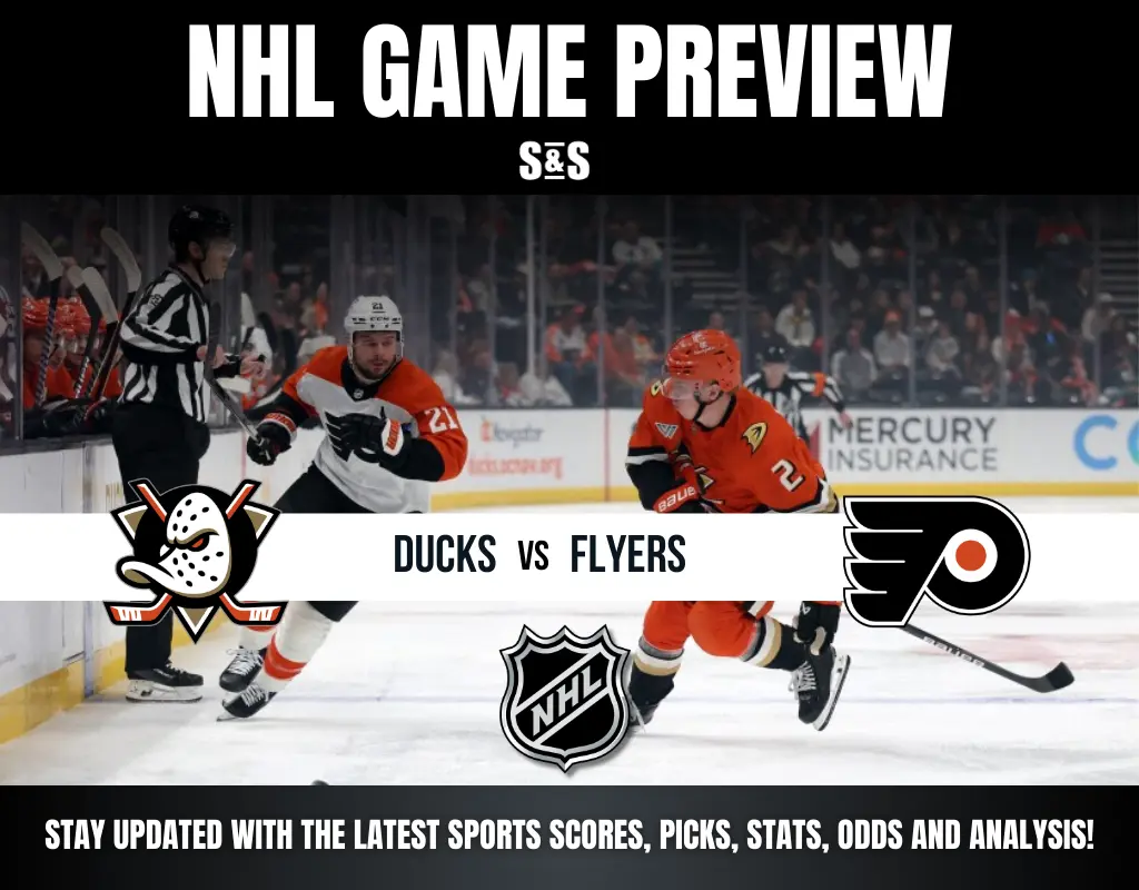 NHL game preview graphic featuring a matchup between the Ducks and Flyers, with images of players in action on the ice.
