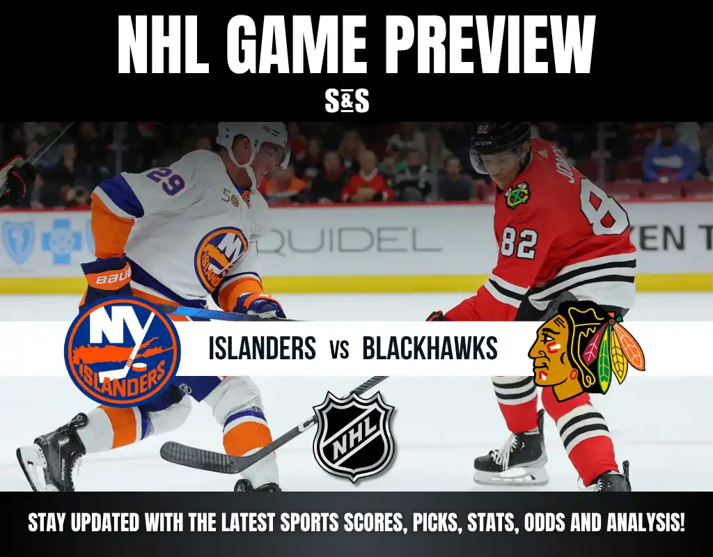 NHL game preview featuring Islanders vs Blackhawks, with a call to stay updated on sports scores, picks, stats, odds, and analysis.