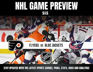 NHL game preview graphic featuring the Flyers vs. Blue Jackets, with logos of both teams and a background image of players in action.