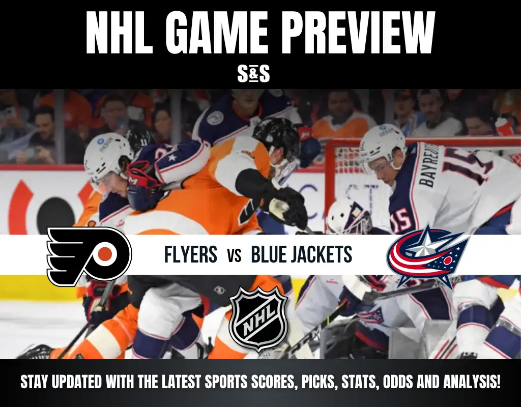 NHL game preview graphic featuring the Flyers vs. Blue Jackets, with logos of both teams and a background image of players in action.