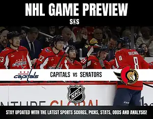 NHL Game Preview featuring a matchup between the Capitals and Senators. Players in red jerseys celebrating on the bench.