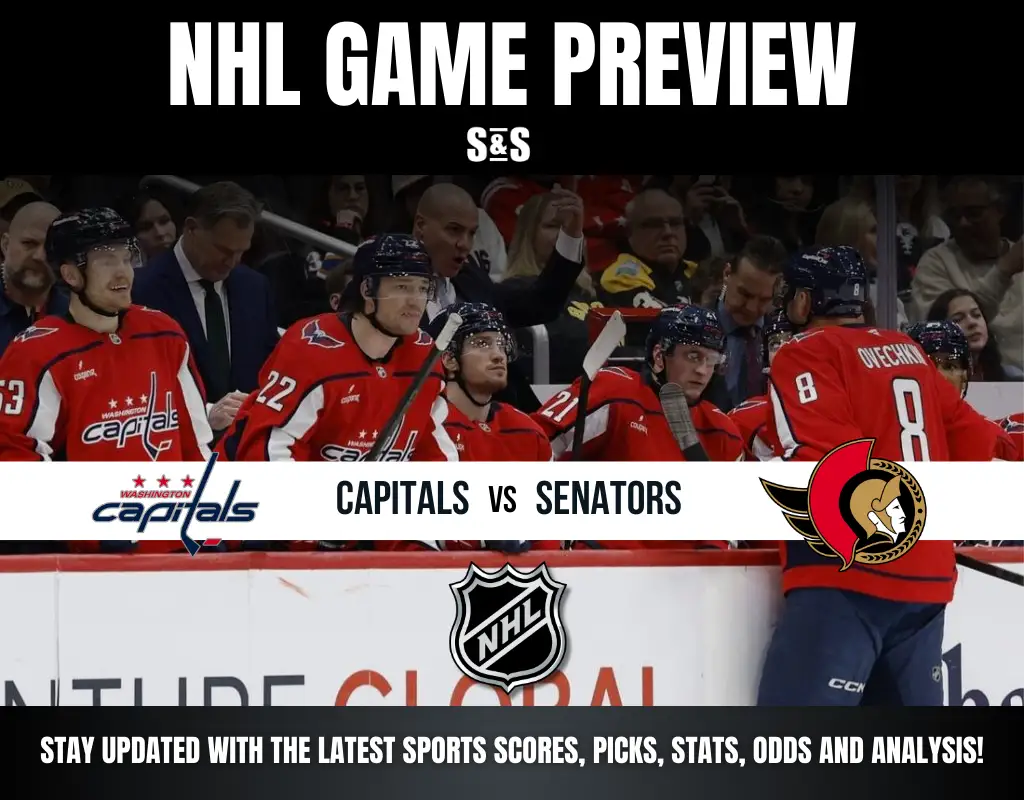 NHL Game Preview featuring a matchup between the Capitals and Senators. Players in red jerseys celebrating on the bench.