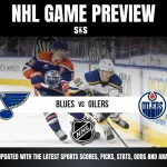 NHL game preview featuring a matchup between the Blues and Oilers, with images of players from both teams in action.