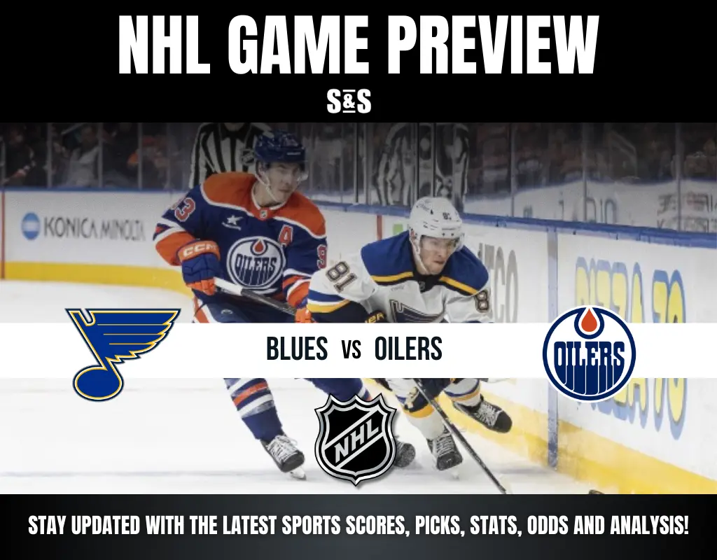 NHL game preview featuring a matchup between the Blues and Oilers, with images of players from both teams in action.