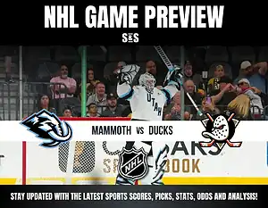 NHL game preview featuring Utah Mammoth vs Anaheim Ducks with a goalie celebrating in front of fans in the background.
