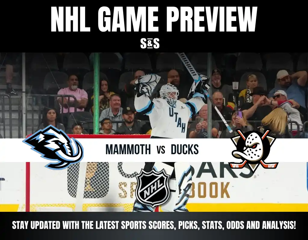NHL game preview featuring Utah Mammoth vs Anaheim Ducks with a goalie celebrating in front of fans in the background.