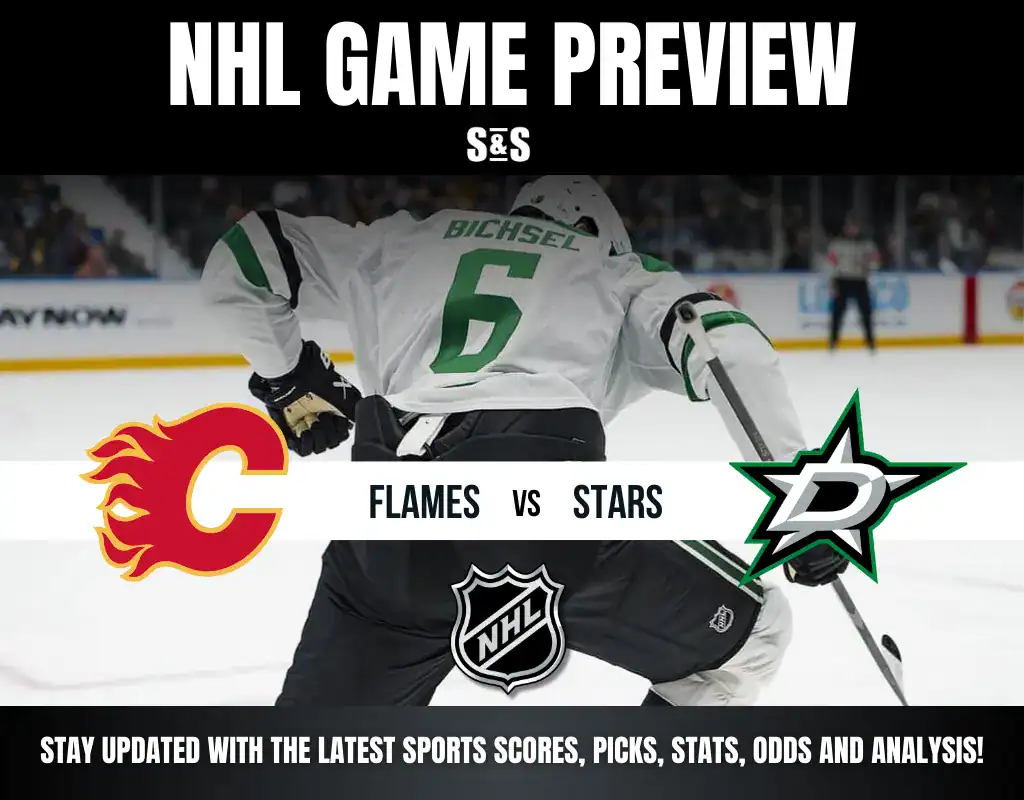 NHL Game Preview featuring a matchup between the Flames and Stars, with an image of a player in action.