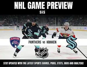 NHL Game Preview with the teams Panthers vs Kraken displayed, featuring player action on the ice.