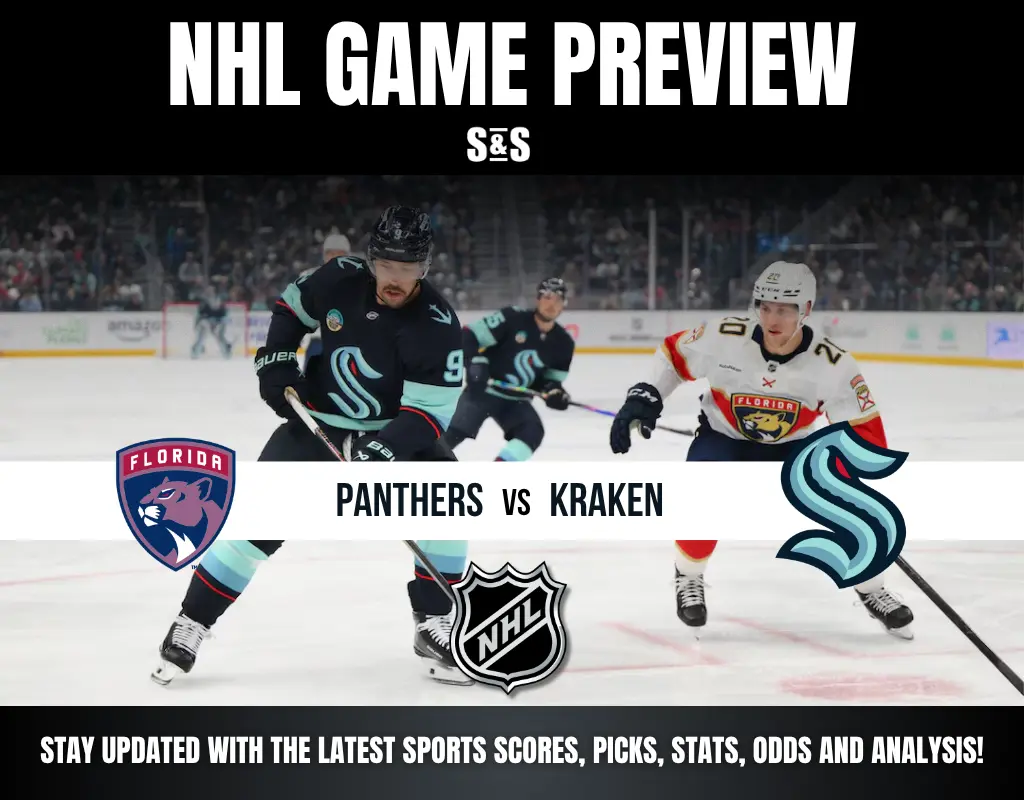NHL Game Preview with the teams Panthers vs Kraken displayed, featuring player action on the ice.