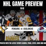 NHL Game Preview featuring Penguins vs Avalanche, with a call to stay updated on sports scores, picks, stats, odds and analysis.