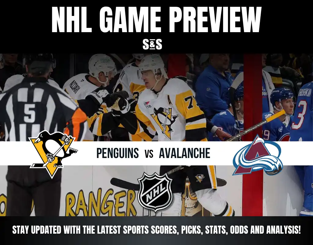 NHL Game Preview featuring Penguins vs Avalanche, with a call to stay updated on sports scores, picks, stats, odds and analysis.