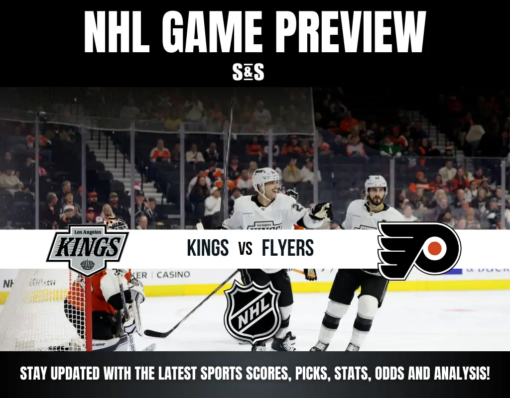 NHL game preview graphic showing Los Angeles Kings vs Philadelphia Flyers with players on ice and fans in stands.