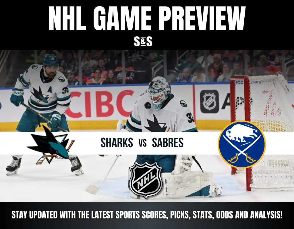 NHL game preview featuring San Jose Sharks vs Buffalo Sabres with players on ice and team logos displayed.
