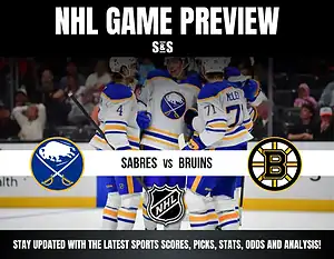 NHL Game Preview featuring Sabres vs Bruins with a graphic showing team logos and players celebrating.