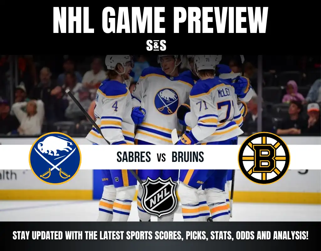 NHL Game Preview featuring Sabres vs Bruins with a graphic showing team logos and players celebrating.