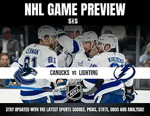 NHL game preview featuring Canucks vs Lightning with players in white jerseys celebrating on ice rink background.