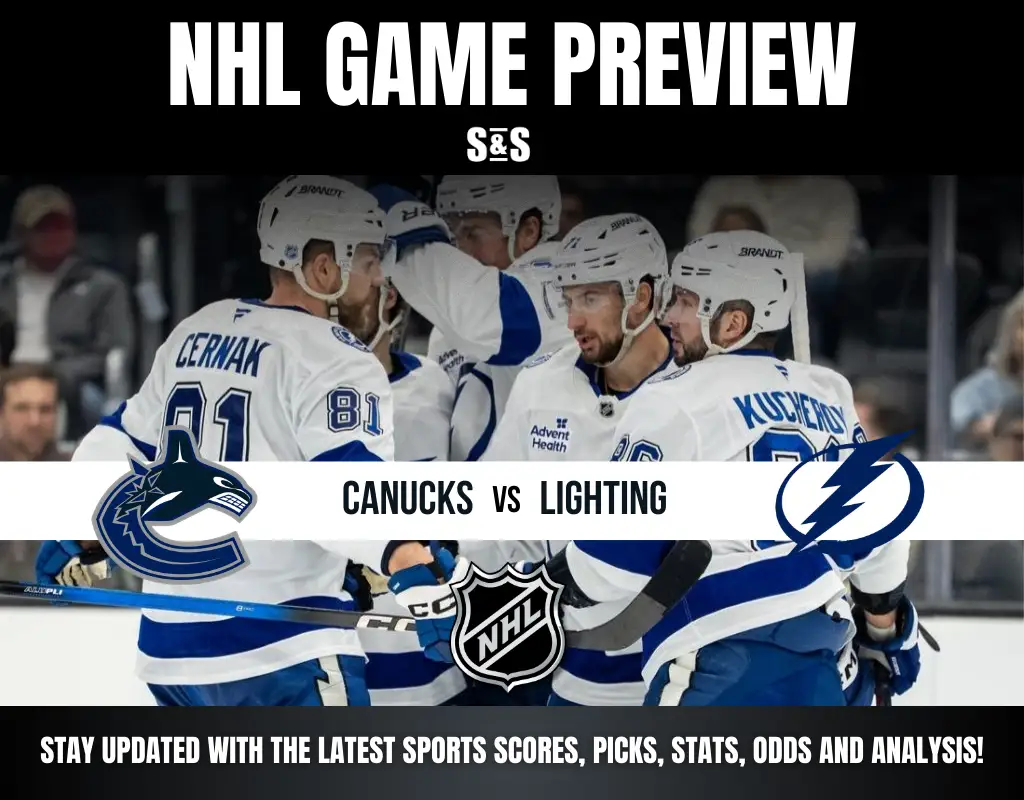 NHL game preview featuring Canucks vs Lightning with players in white jerseys celebrating on ice rink background.