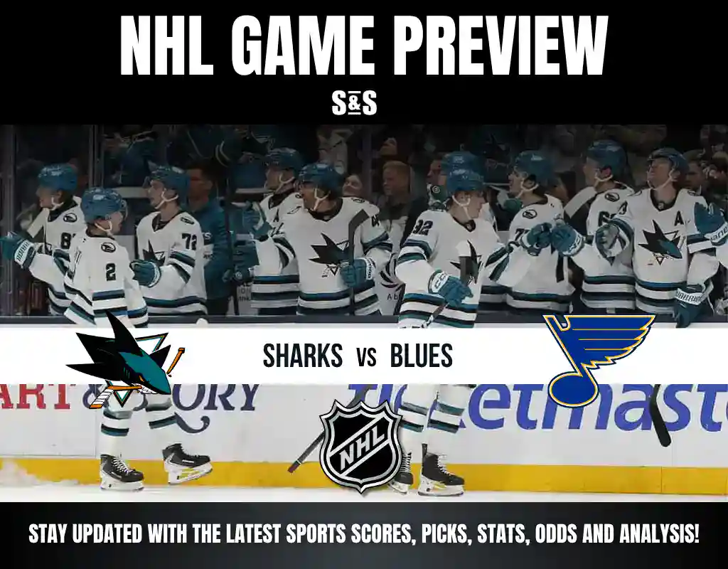 NHL Game Preview featuring Sharks vs Blues, with team logos and a lineup of players from the Sharks.