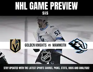 NHL game preview graphic featuring Golden Knights vs Mammoth with logos, player on ice, and NHL shield in center.