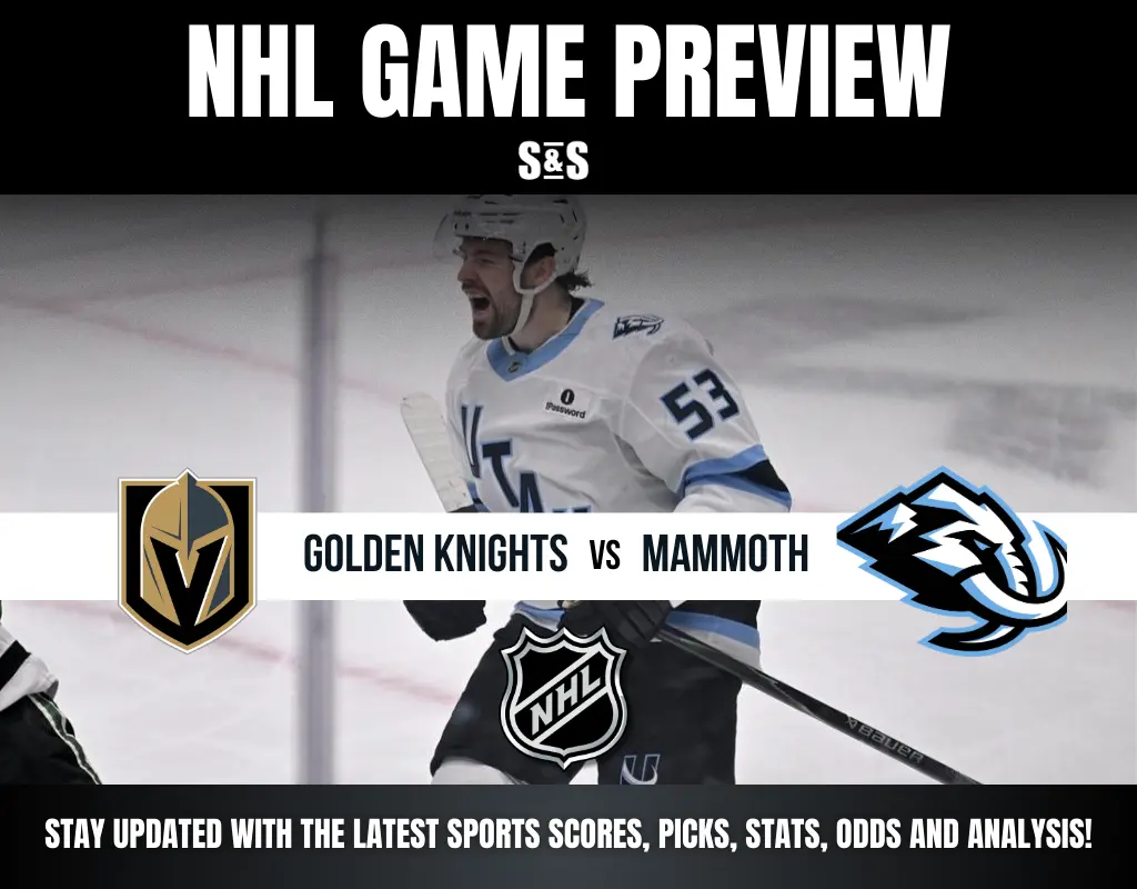 NHL game preview graphic featuring Golden Knights vs Mammoth with logos, player on ice, and NHL shield in center.