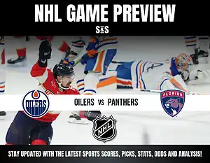 NHL game preview featuring Edmonton Oilers vs Florida Panthers, with action shot of players on ice and team logos displayed.