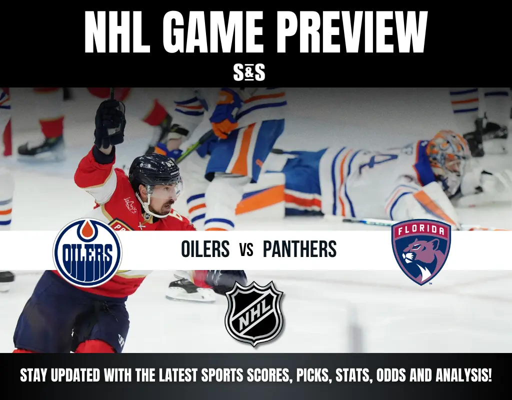 NHL game preview featuring Edmonton Oilers vs Florida Panthers, with action shot of players on ice and team logos displayed.