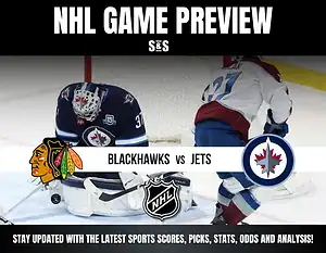 NHL game preview featuring Blackhawks vs Jets with players on ice and logos, promoting latest sports scores, picks, stats, odds, and analysis.