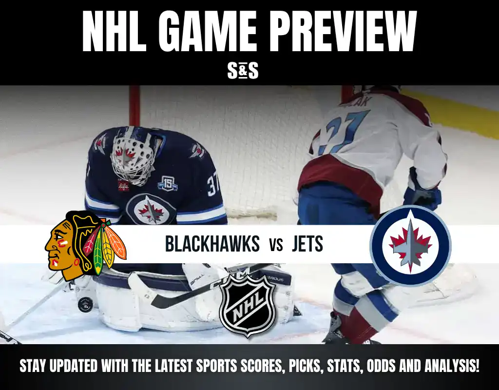 NHL game preview featuring Blackhawks vs Jets with players on ice and logos, promoting latest sports scores, picks, stats, odds, and analysis.