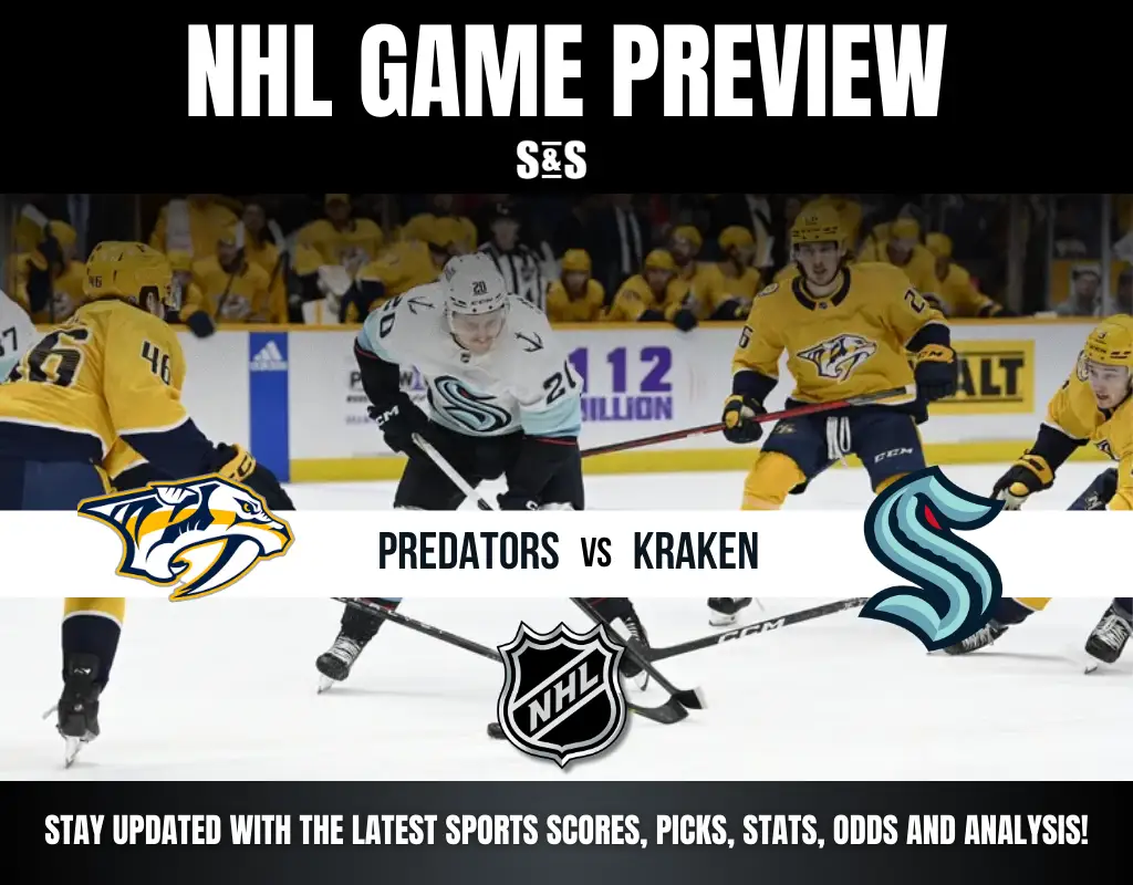 NHL game preview featuring Nashville Predators vs Seattle Kraken with players in action on the ice and team logos displayed.