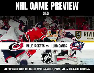 NHL game preview featuring Carolina Hurricanes vs Columbus Blue Jackets with players in action on ice during a match.