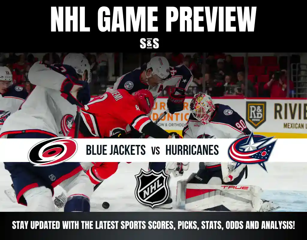 NHL game preview featuring Carolina Hurricanes vs Columbus Blue Jackets with players in action on ice during a match.