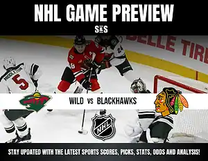 NHL game preview featuring a matchup between the Wild and Blackhawks, with a background image of players in action on the ice.