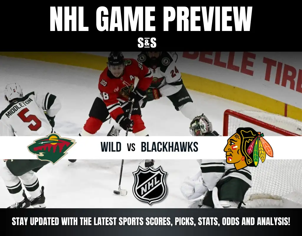 NHL game preview featuring a matchup between the Wild and Blackhawks, with a background image of players in action on the ice.