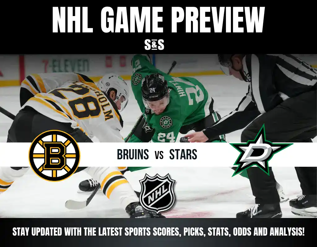 NHL game preview showing a faceoff between Boston Bruins and Dallas Stars players with team logos and an NHL referee.