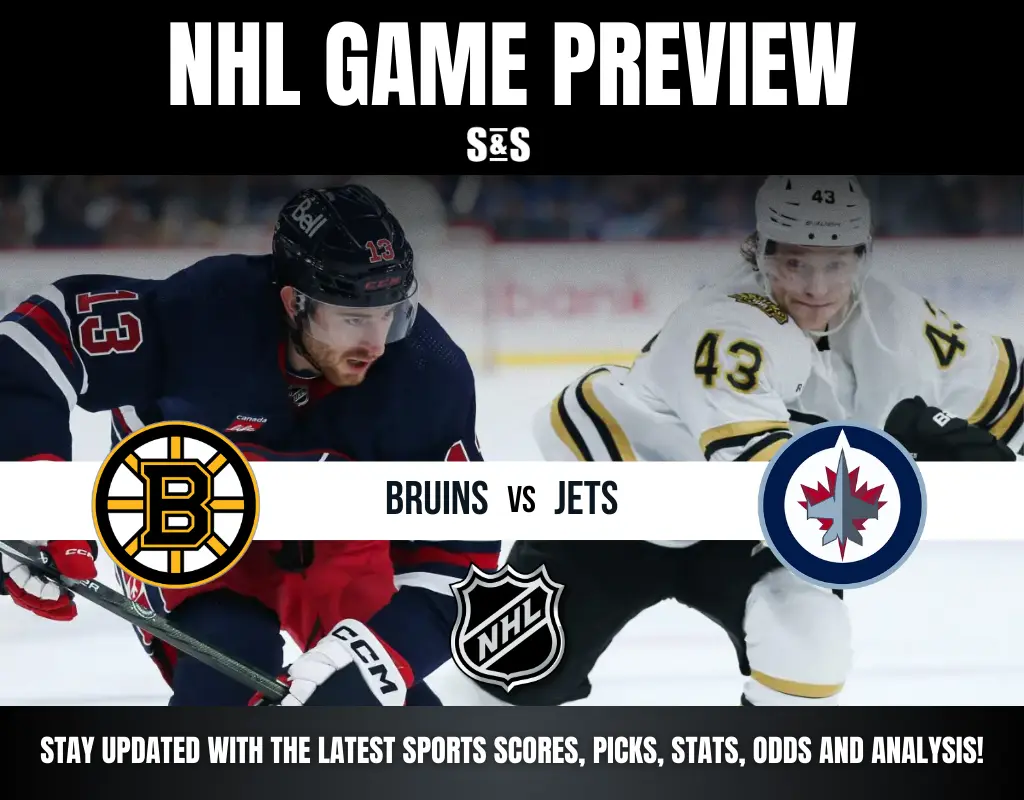 NHL Game Preview featuring Bruins vs Jets, with images of players from each team.