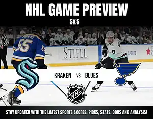 NHL game preview graphic featuring the Seattle Kraken and St. Louis Blues, with a matchup description and logo in the center.