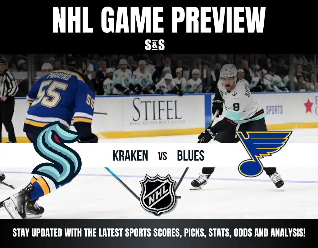 NHL game preview graphic featuring the Seattle Kraken and St. Louis Blues, with a matchup description and logo in the center.