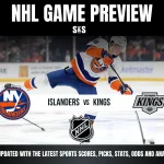 NHL game preview featuring the New York Islanders versus the Los Angeles Kings, with text promoting updates on sports scores, picks, stats, odds, and analysis.