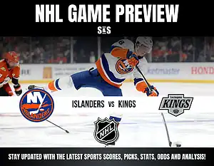 NHL game preview featuring the New York Islanders versus the Los Angeles Kings, with text promoting updates on sports scores, picks, stats, odds, and analysis.