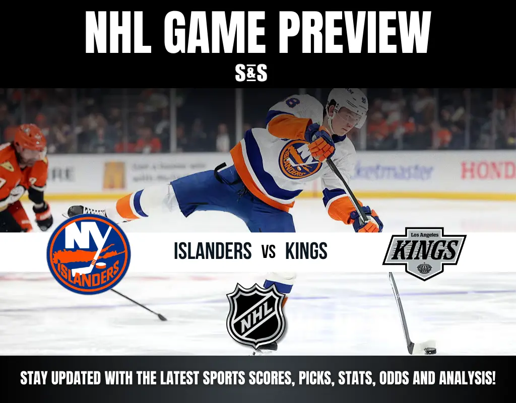 NHL game preview featuring the New York Islanders versus the Los Angeles Kings, with text promoting updates on sports scores, picks, stats, odds, and analysis.