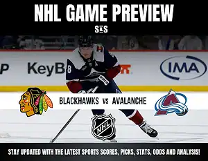 NHL game preview featuring Chicago Blackhawks vs Colorado Avalanche with player skating on ice and team logos displayed.