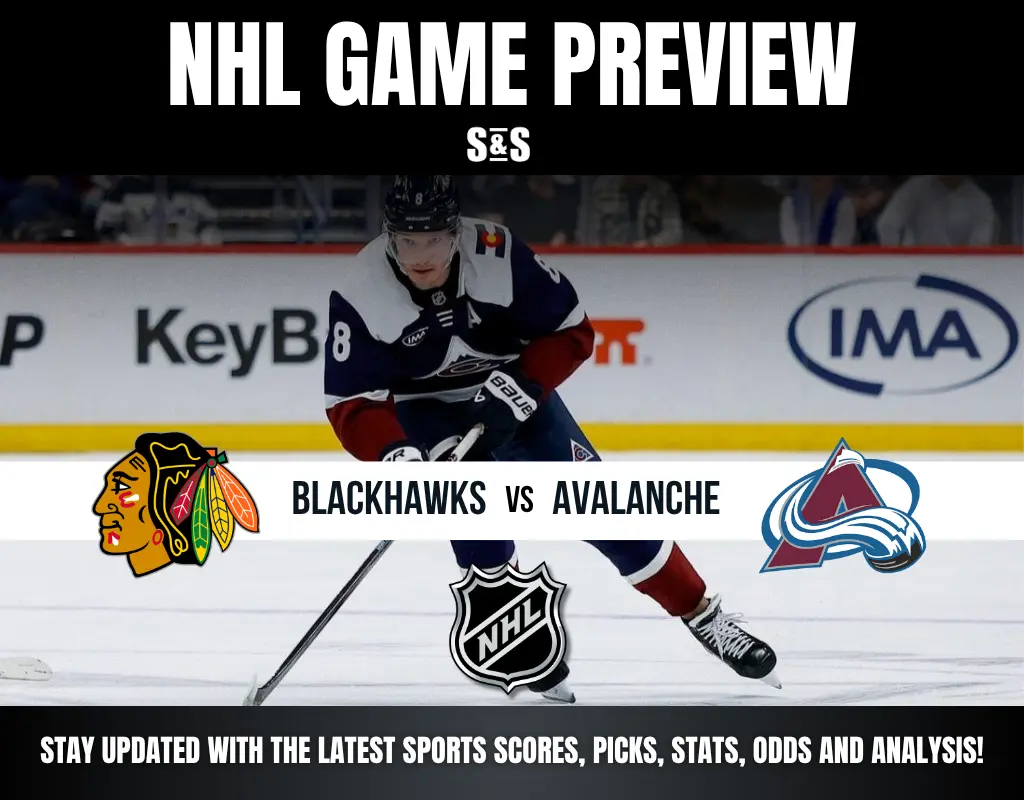 NHL game preview featuring Chicago Blackhawks vs Colorado Avalanche with player skating on ice and team logos displayed.