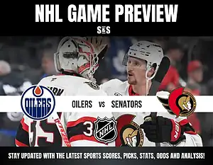 NHL Game Preview featuring Oilers vs Senators with images of players and a logo of the NHL.